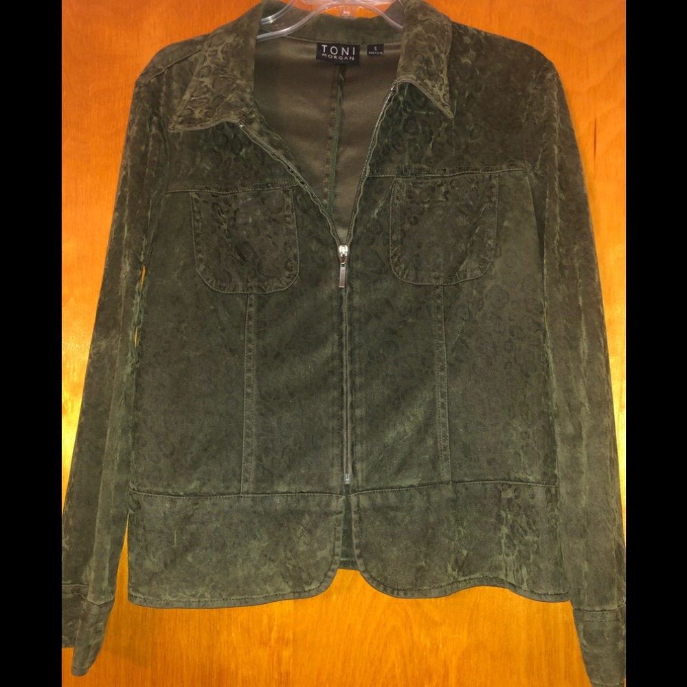 Dark Olive Green/Black Leopard Print Jacket Faux Suede Size Small by Toni Morgan